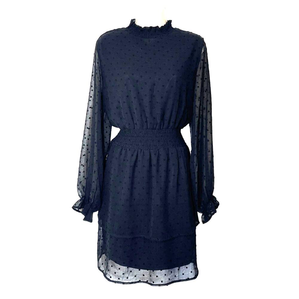 Short Black Dress, She and Sky, Swiss Dot, Sheer Sleeves, High neck, Size Large